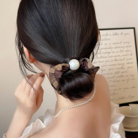 Elastico per Capelli a Quadri in Stile Coreano Con Grande Perla Artificial Sintetica Elegante Elastico per Capelli da Donna Ragazza Porta Coda di Cavallo