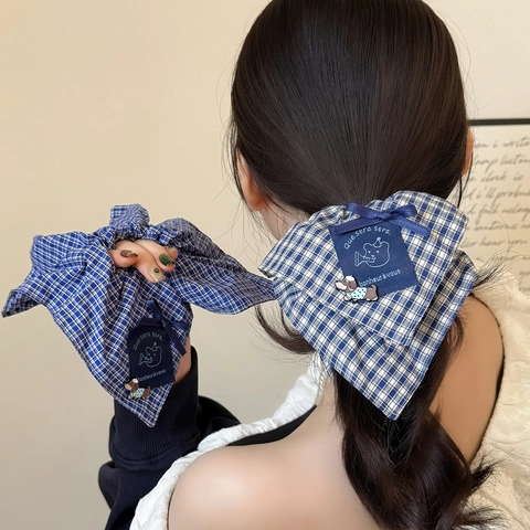 Coleteros de Tela a Cuadros Azules Estilo Coreano Con Parche de Cachorro de Dibujos Animados Lazo Gomas Pelo Para Mujer