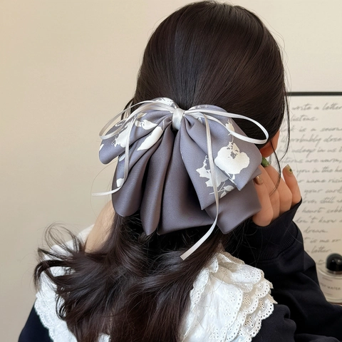 French Satin Bow Hair Clip For Women Elegant Large Double Layer Floral Print Ponytail Clip With Ribbon Hair Accessories