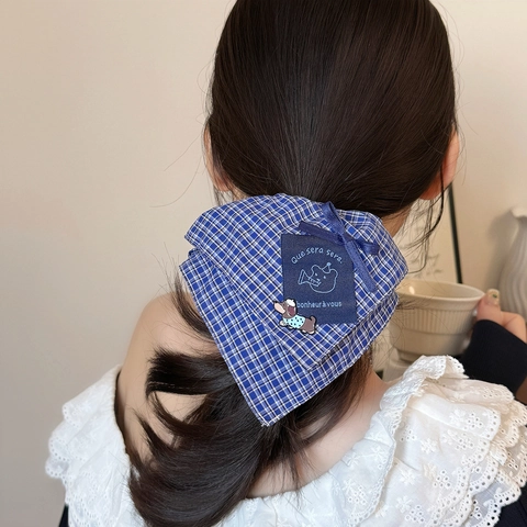 Coleteros de Tela a Cuadros Azules Estilo Coreano Con Parche de Cachorro de Dibujos Animados Lazo Gomas Pelo Para Mujer