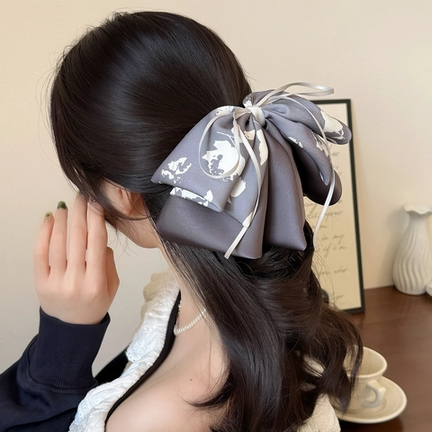 French Satin Bow Hair Clip For Women Elegant Large Double Layer Floral Print Ponytail Clip With Ribbon Hair Accessories