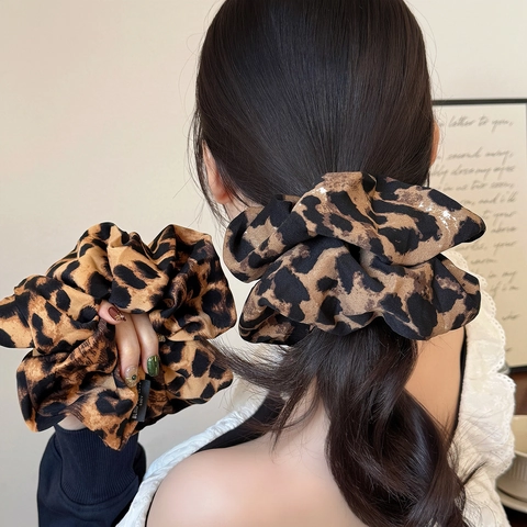Elastico per Capelli Oversize in Tessuto con Stampa Leopardata Retro Corda per Capelli a Coda Alta per Donna Accessori Capelli