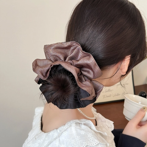 Grands Chouchous en Satin Bloc de Couleur Vintage Français Surdimensionnés Plissés Elastiques à Cheveux Pour Femmes Accessoires Cheveux Elégants