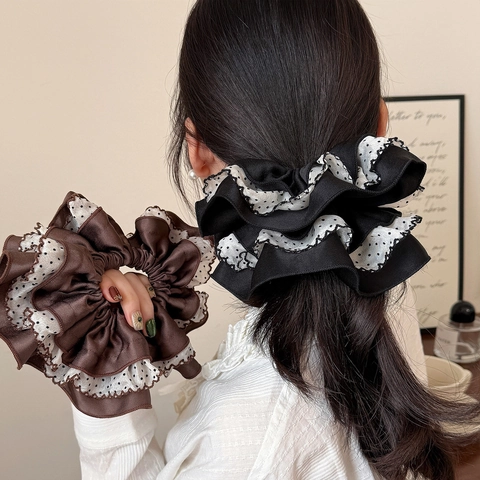 Oversized Triple Layer Pleated Scrunchie Satin Look Polka Dot Contrast Color Hair Tie For Women Elegant Hair Accessories