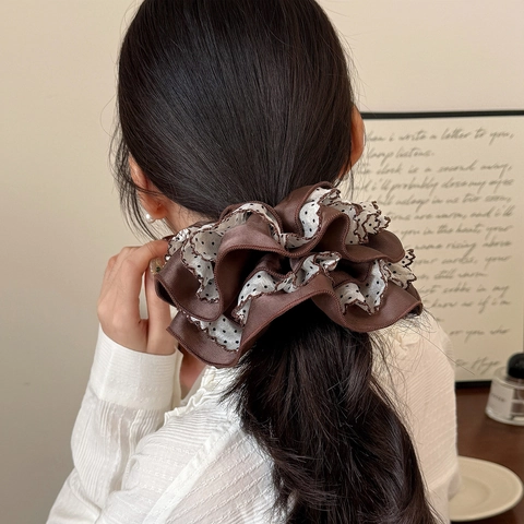 Oversized Triple Layer Pleated Scrunchie Satin Look Polka Dot Contrast Color Hair Tie For Women Elegant Hair Accessories