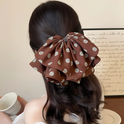 Vintage Brown Polka Dot Ribbon Bow Hair Clip Fabric Rhinestone Ponytail Clip Elegant Korean Style Hair Accessory Jewelry