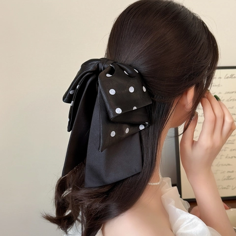 Pinza de Pelo Retro Francesa con Lazo Grande de Satén de Lunares Cintas Largas Elegantes Horquillas de Satén Mujeres
