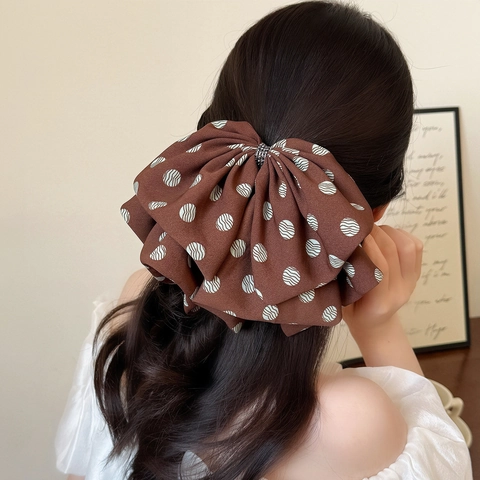Vintage Brown Polka Dot Ribbon Bow Hair Clip Fabric Rhinestone Ponytail Clip Elegant Korean Style Hair Accessory Jewelry