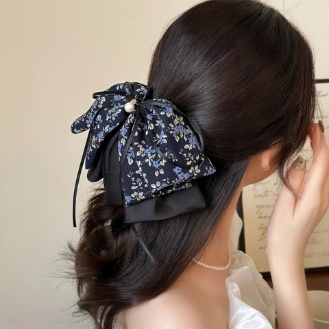 Elegant Blue Floral Bow Hair Claw Clip With Artificial Pearl Heart Pendant Large Chiffon Ribbon Hair Accessories For Women