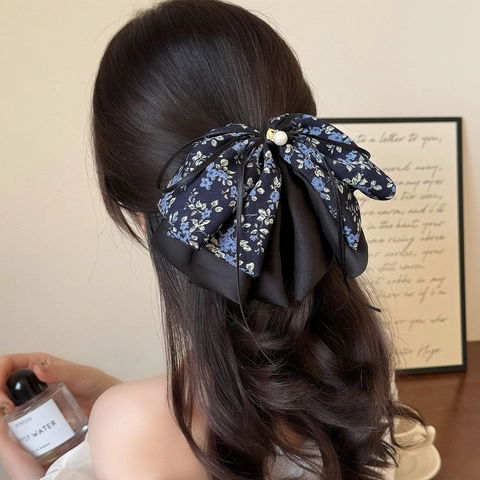 Elegant Blue Floral Bow Hair Claw Clip With Artificial Pearl Heart Pendant Large Chiffon Ribbon Hair Accessories For Women