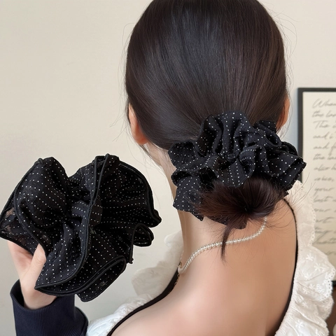 Coletero de Tela de Lunares Multicapa de Estilo Francés Elegante Lazo para el Cabello Grande Banda Elástica para Mujer