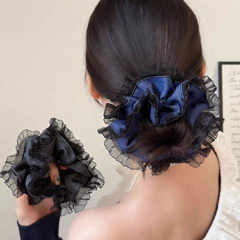 Scrunchie in Rete di Pizzo Grande Stile Coreano Tessuto con Texture Denim Fascia per Capelli Elastica Doppio Strato Corda per Capelli Donna