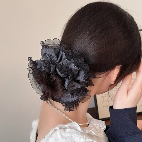 Scrunchie in Rete di Pizzo Grande Stile Coreano Tessuto con Texture Denim Fascia per Capelli Elastica Doppio Strato Corda per Capelli Donna