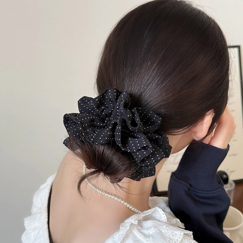 Coletero de Tela de Lunares Multicapa de Estilo Francés Elegante Lazo para el Cabello Grande Banda Elástica para Mujer