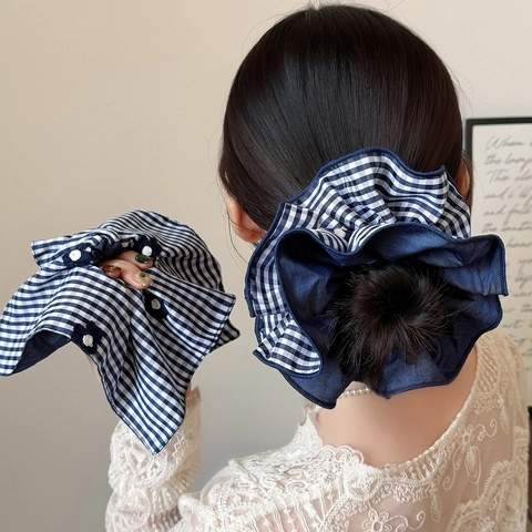 Koreanischer Stil Marineblau Kariert Blume Bestickt Doppelschicht Scrunchie Volants Stoff Haargummi Für Damen Schmuck