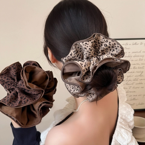 Coleteros de Tela Satinada de Gran Tamaño con Estampado de Leopardo Gomas para el Pelo Grandes Vintage para Mujer Diario