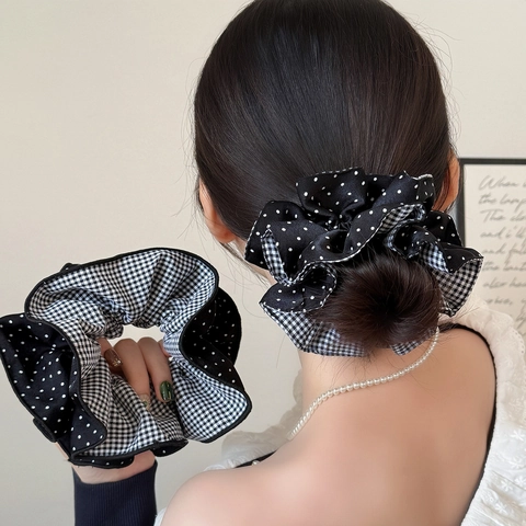 Ύφασμα Scrunchies Μάυρο Λευκό Καρό Πουά Patchwork Λαστιχάκια Μαλλιών Preppy Style Μεγάλα Ελαστικά Λαστιχάκια Αξεσουάρ Γυναικεία