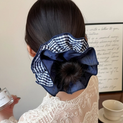 Koreanischer Stil Marineblau Kariert Blume Bestickt Doppelschicht Scrunchie Volants Stoff Haargummi Für Damen Schmuck