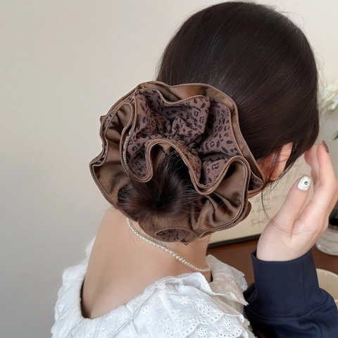 Coleteros de Tela Satinada de Gran Tamaño con Estampado de Leopardo Gomas para el Pelo Grandes Vintage para Mujer Diario