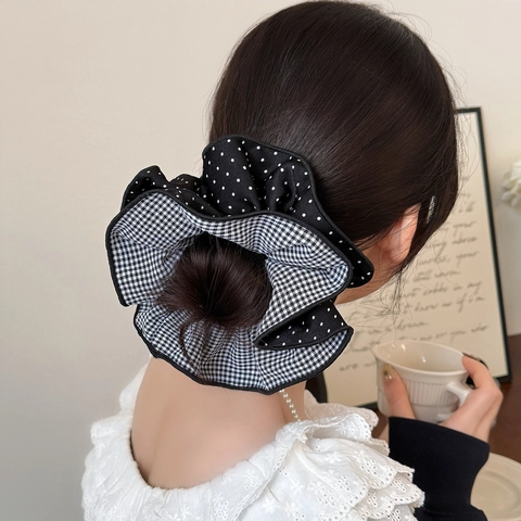 Ύφασμα Scrunchies Μάυρο Λευκό Καρό Πουά Patchwork Λαστιχάκια Μαλλιών Preppy Style Μεγάλα Ελαστικά Λαστιχάκια Αξεσουάρ Γυναικεία