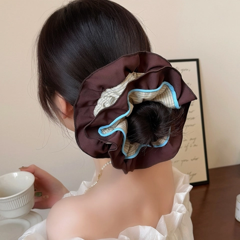 Chouchou Double Couche à Rayures de Style Coréen Couleur Contraste Plissé Grand Élastique à Cheveux Élégant Accessoires en Tissu