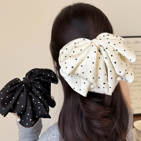 Dolce Fermaglio per Capelli a Fiocco in Raso Con Motivo a Pois a Cuore Grande Clip per Coda di Cavallo Ciondolo Perla Artificiale