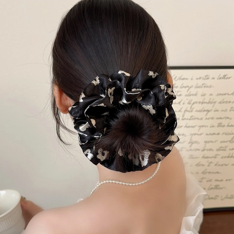 French Vintage Floral Print Large Scrunchie For Women Elegant Black Satin Look Handmade Elastic Hair Tie Hair Accessories