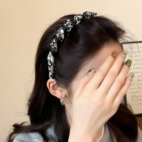 Vintage Schwarz Weiß Blumig Stoff Umwickelt Stirnband Mit Zähnen Handgefertigt Strass Verziert Mode Haarreif Für Damen