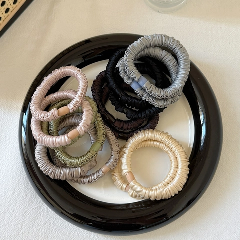 Coleteros de Satén de Alta Elasticidad para Mujer Sin Costuras Seda de Hielo Plisado Gomas de Pelo Color Sólido Simple