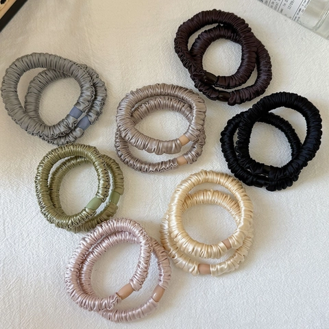 Coleteros de Satén de Alta Elasticidad para Mujer Sin Costuras Seda de Hielo Plisado Gomas de Pelo Color Sólido Simple