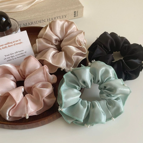 Eleganti Elastici per Capelli in Tessuto di Raso Con Perle Artificiali Stile Coreano Fascia Elastica Supporto per Coda di Cavallo Donna