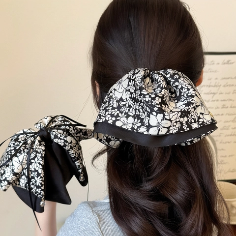 Fermaglio per Capelli con Fiocco Floreale a Inchiostro in Stile Francese per Donna Elegante Fiocco in Tessuto Fatto a Mano