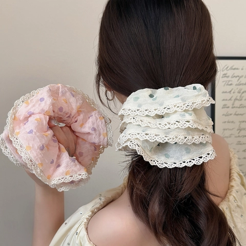 Süße Koreanischer Stil Spitze Haargummi Herz Muster Hohe Elastizität Stoff Haarring Bunte Haarschmuck Für Damen Mädchen
