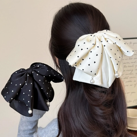 Elegante Fermaglio per Capelli con Fiocco in Raso per Donna Dolce Cuore Pois Forcina con Ciondolo di Künstliche Perle Accessori Capelli