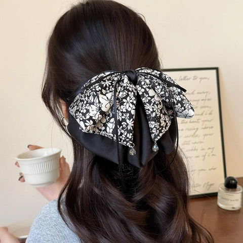 Fermaglio per Capelli con Fiocco Floreale a Inchiostro in Stile Francese per Donna Elegante Fiocco in Tessuto Fatto a Mano