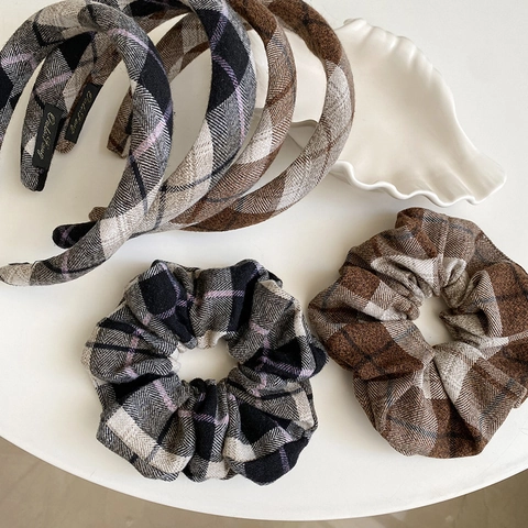 Fascia per Capelli e Scrunchie in Tessuto Plaid Vintage Autunno Inverno Fascia a Quadretti Elastici per Capelli Donna
