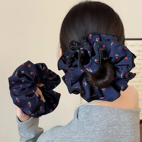 Elastico per Capelli in Tessuto Blu Marino con Rose Floreali Grande Pliche Elegante Vintage Stile Coreano Fascia Elastica Donna Gioielli
