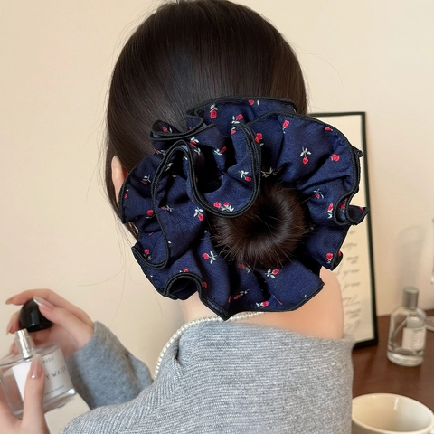 Elastico per Capelli in Tessuto Blu Marino con Rose Floreali Grande Pliche Elegante Vintage Stile Coreano Fascia Elastica Donna Gioielli