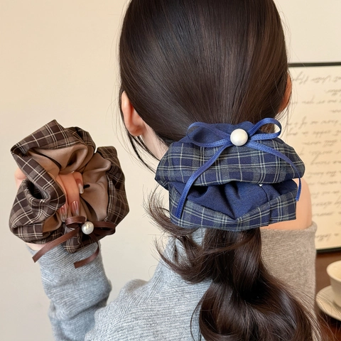 Scrunchie Vintage a Quadri Con Fiocco e Perla Artificiale Elastici per Capelli Grandi per Donna Stile Accademia Accessori Capelli Retrò