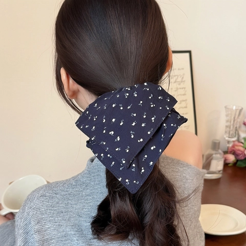 Coleteros de Tela Azul Marino con Flores y Lunares para Mujer Hecho a Mano Plisado Lazos para el Pelo Estilo Coreano Accesorios