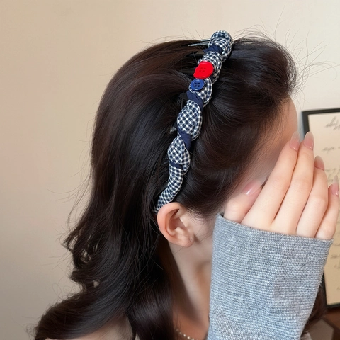 Vintage Karo Stoff Stirnband Mit Rutschfesten Zähnen Und Dekorativen Knöpfen Mode Plaid Haarreif Für Damen Hohe Krone