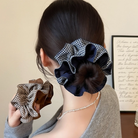 Coletero Grande de Tela Plisada a Cuadros Vintage Estilo Coreano Borde de Volantes Patchwork Accesorios para el Cabello