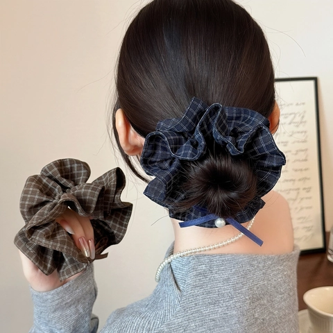 Coletero Vintage de Cuadros Con Lazo y Perla Artificial de Imitación Elástico para Cabello Retrò Soporte para Coleta Accesorios