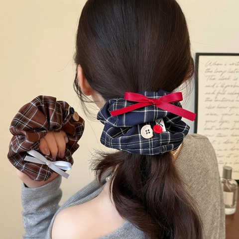 Coleteros Vintage a Cuadros Con Lazo de Cinta de Satén Decoración de Botones Retro Gomas para el Pelo Mujer Accesorios Diario