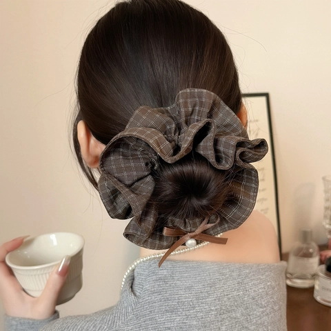 Coletero Vintage de Cuadros Con Lazo y Perla Artificial de Imitación Elástico para Cabello Retrò Soporte para Coleta Accesorios