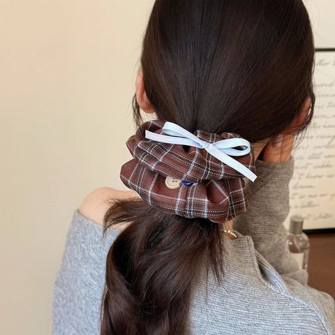 Coleteros Vintage a Cuadros Con Lazo de Cinta de Satén Decoración de Botones Retro Gomas para el Pelo Mujer Accesorios Diario