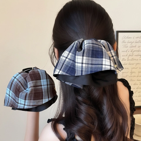 Molletta per Capelli a Fiocco a Quadri Vintage Grande Clip a Squalo in Tessuto a Scacchi Accessori per Capelli da Donna