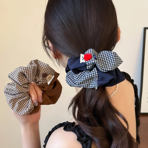 Scrunchies Patchwork a Quadri Con Bottone Retrò Stile Preppy Elastici in Tessuto per Donna Accessori Quotidiani
