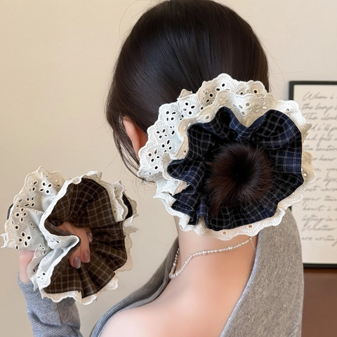 Donna Coreano Retro Plaid Pizzo Grande Scrunchie 4 Strati Tessuto Fermacapelli Stile Pastorale Volant Porta Coda di Cavallo Accessori per Capelli