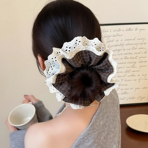 Donna Coreano Retro Plaid Pizzo Grande Scrunchie 4 Strati Tessuto Fermacapelli Stile Pastorale Volant Porta Coda di Cavallo Accessori per Capelli